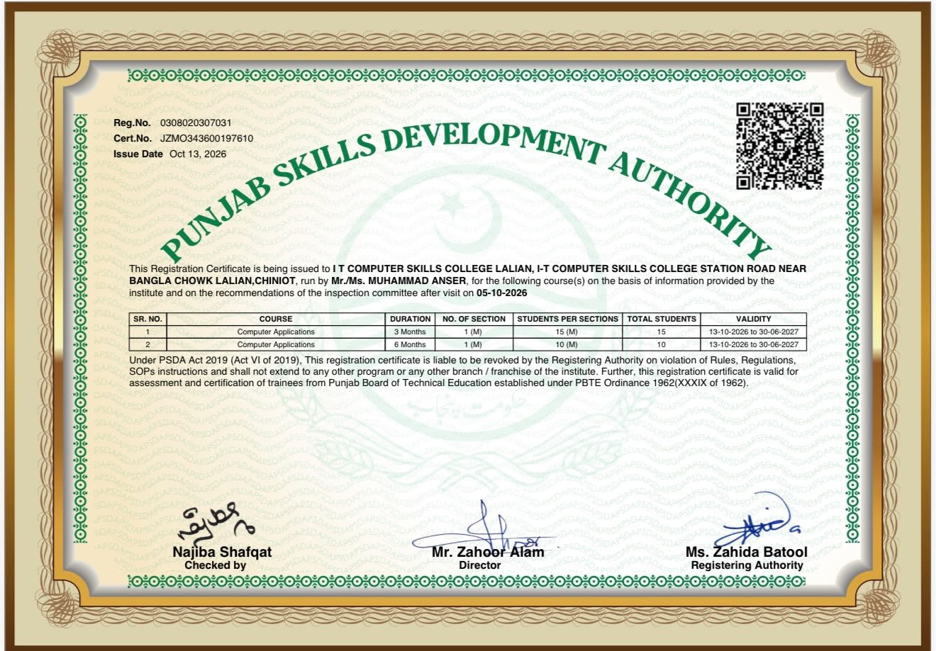 PSDA Registration Certificate - I-T Computer College Lalian