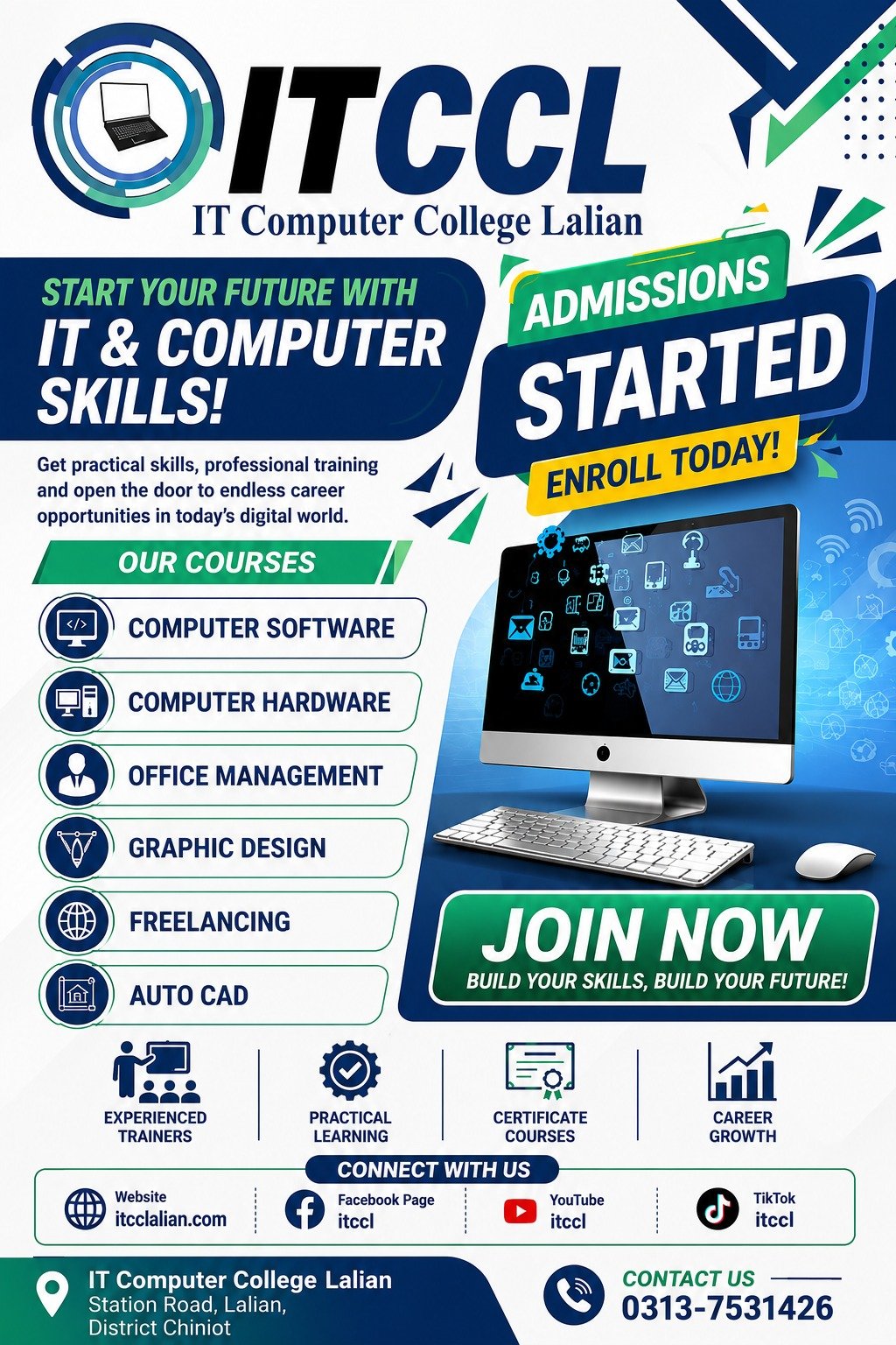 I-T Computer College Lalian admissions poster — courses, contact and social details